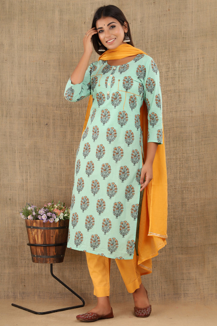 Green Floral Printed Suit Set  (pack of 3)