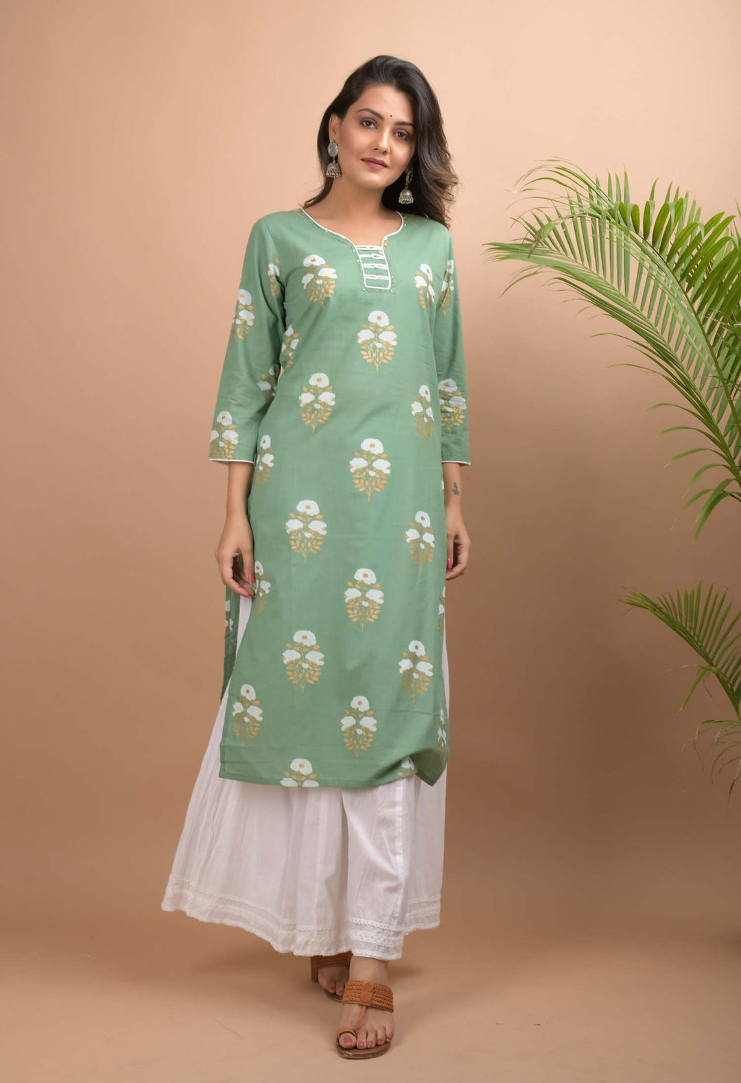 Buy Green Floral Cotton Short Kurti for Women | Best Casual Full Sleeve Kurta