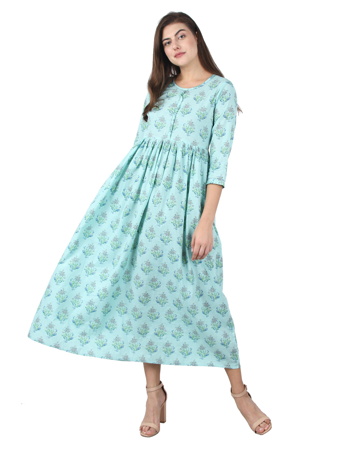Sea Green Printed Ankle Long Ethnic Gown (pack of 1)