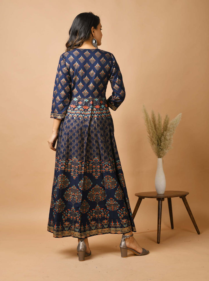 Blue Gold Printed Anarkali Ethnic Gown