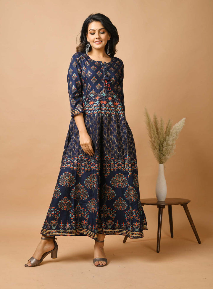 Blue Gold Printed Anarkali Ethnic Gown