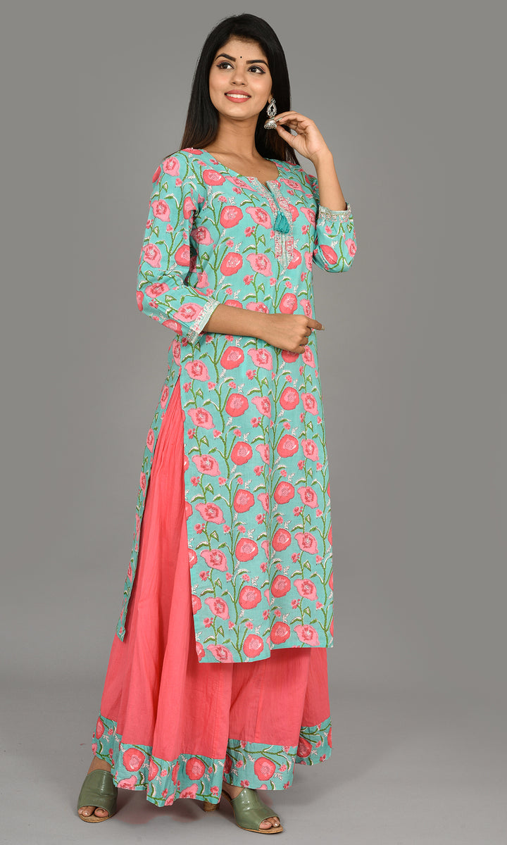 Pink Floral Printed Kurta Sharara Set (pack of 2)