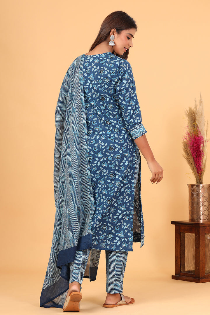 Blue Indigo Printed Kurta Pant With Dupatta Set (pack of 3)