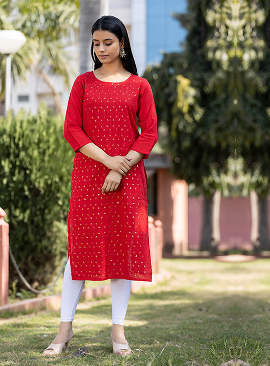 Buy Red Sequin Full Sleeves Kurta | Best Casual Wear Online for Women