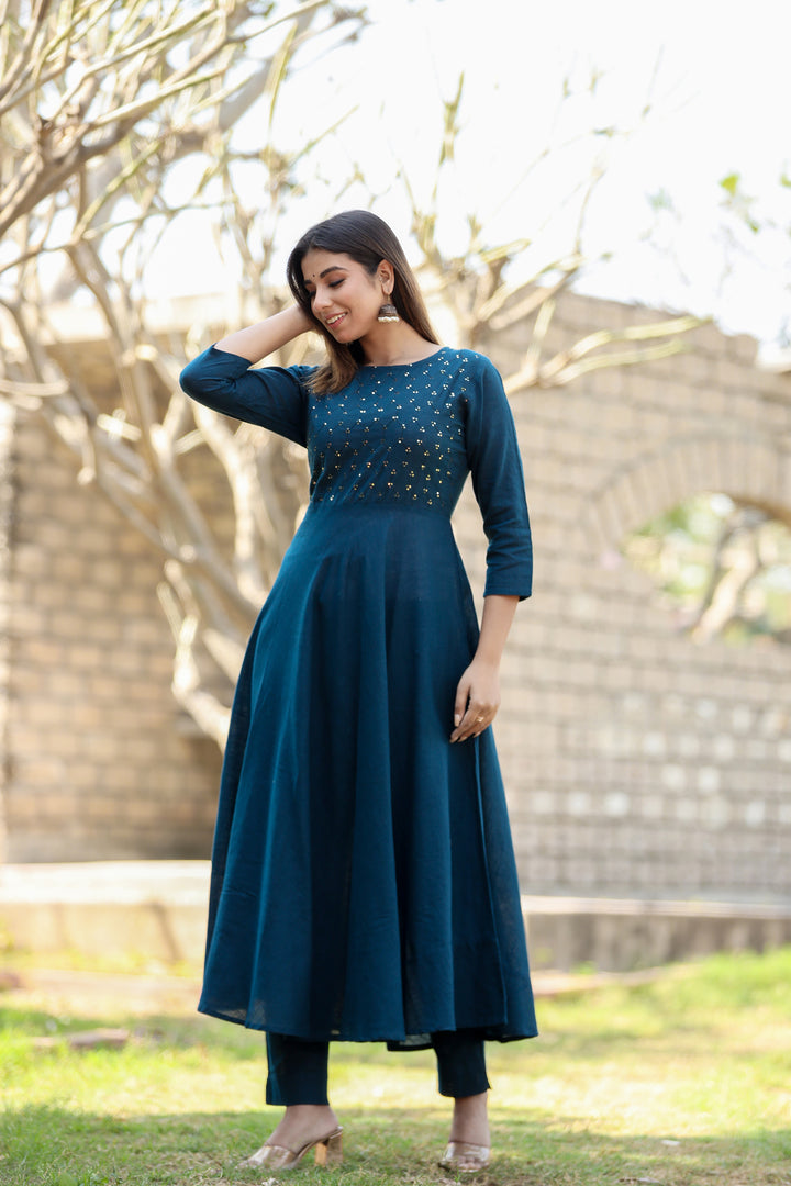 Buy Navy Blue Anarkali Kurti Online | Best Designer Long Kurtis for Women