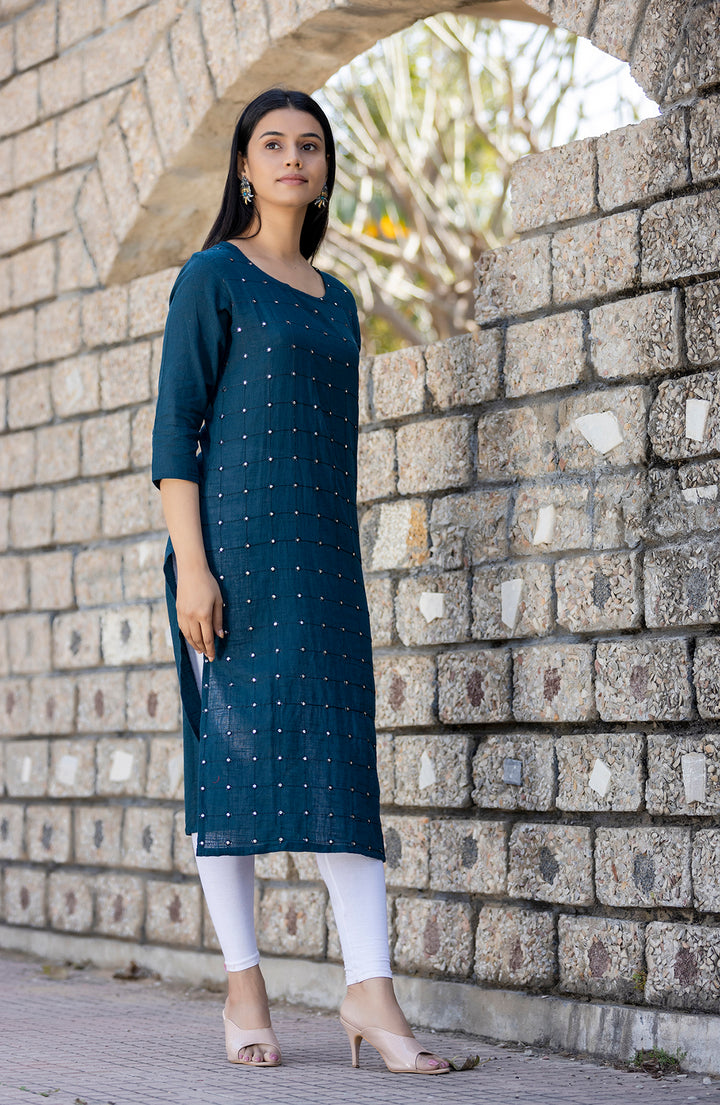 Buy Navy Blue Sequin Full Sleeves Kurta | Best Casual Wear Online for Women