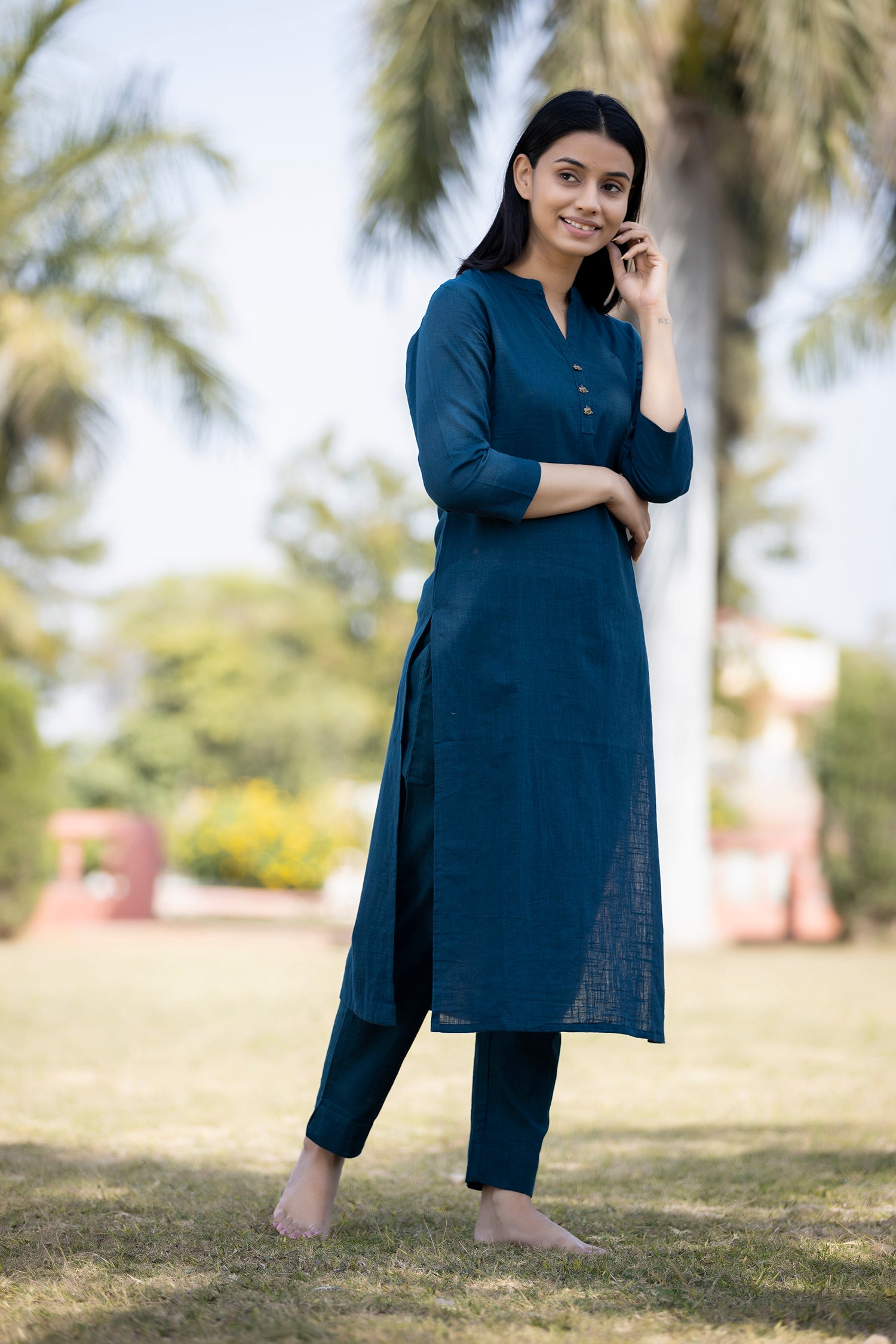 Navy Blue Satin Kurti with Sequin Work and Puff Sleeves-23SLK03033-4A –  Lakshita