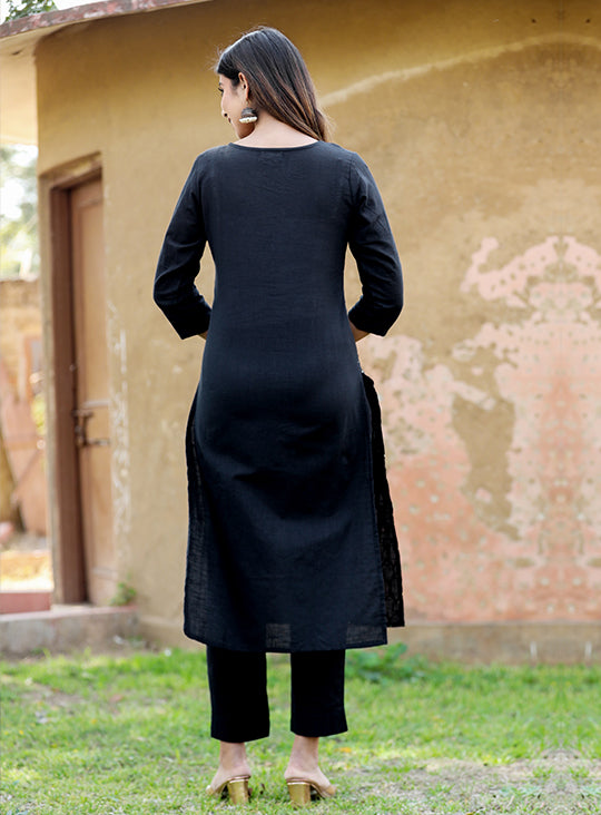 Black Solid Sequins Embellished Kurta Pant Set