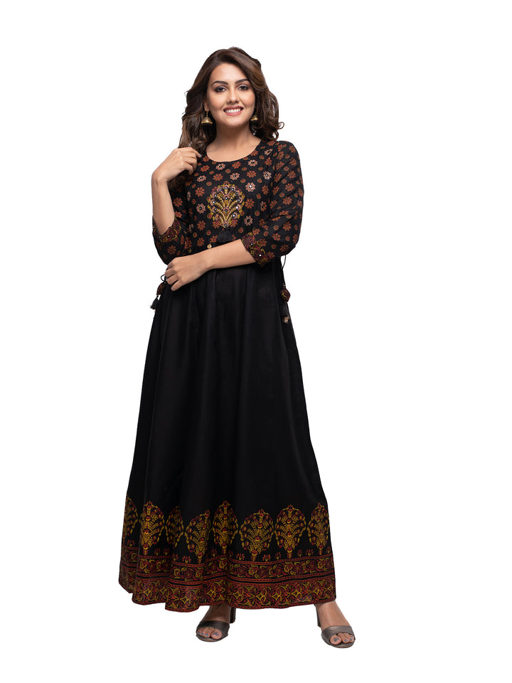 Black Embroidery Printed Rayon Ethnic Gown