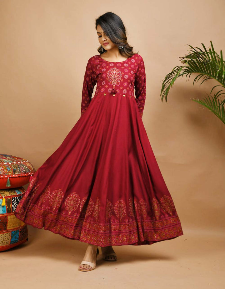 Buy Maroon Kalamkari Anarkali Dress | Best Party Wear Gown for Women Online in India  