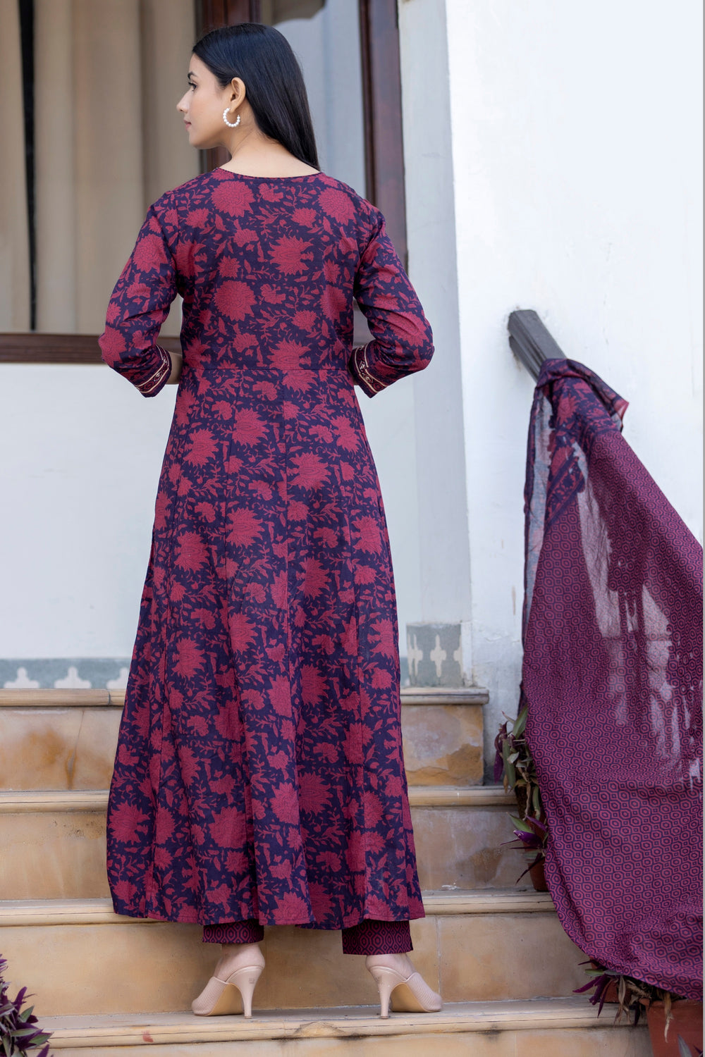 Maroon Floral Printed Cotton Suit Set For Women