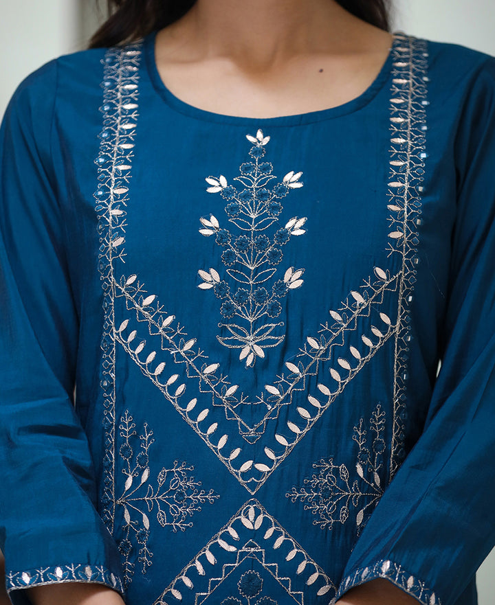 Navy Blue Embroidered Silk Kurta Sharara Set With Dupatta