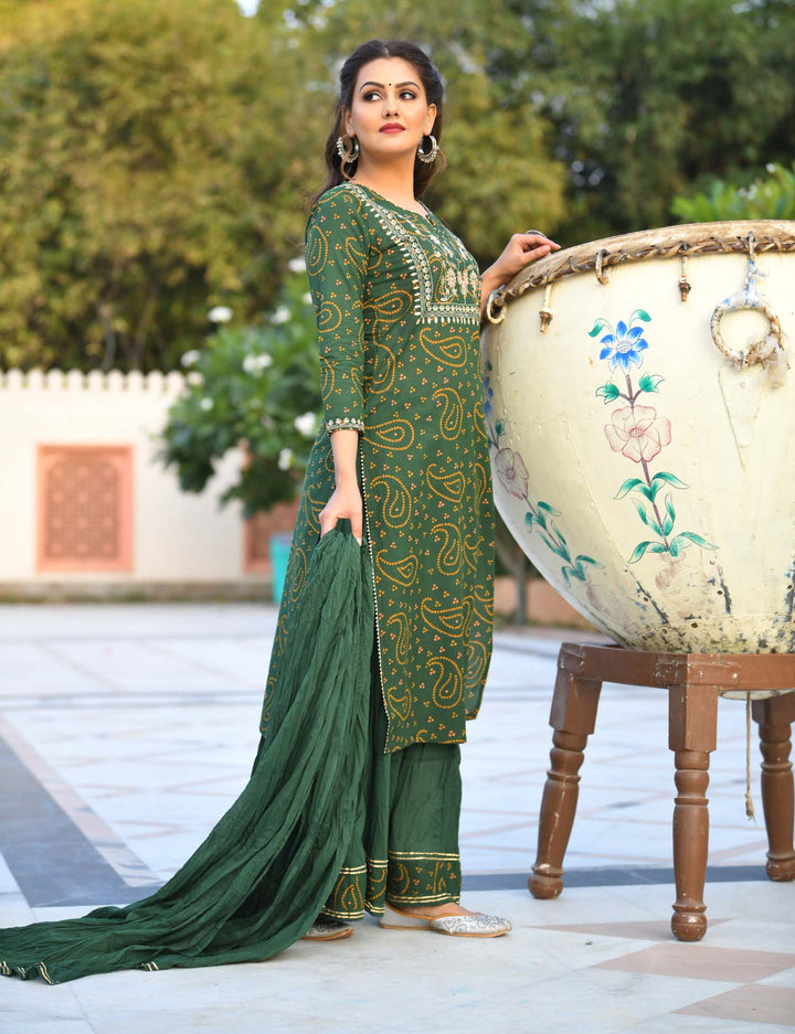 Green Bandhej Printed Cotton Kurta Sharara With Dupatta Set (pack of 3)