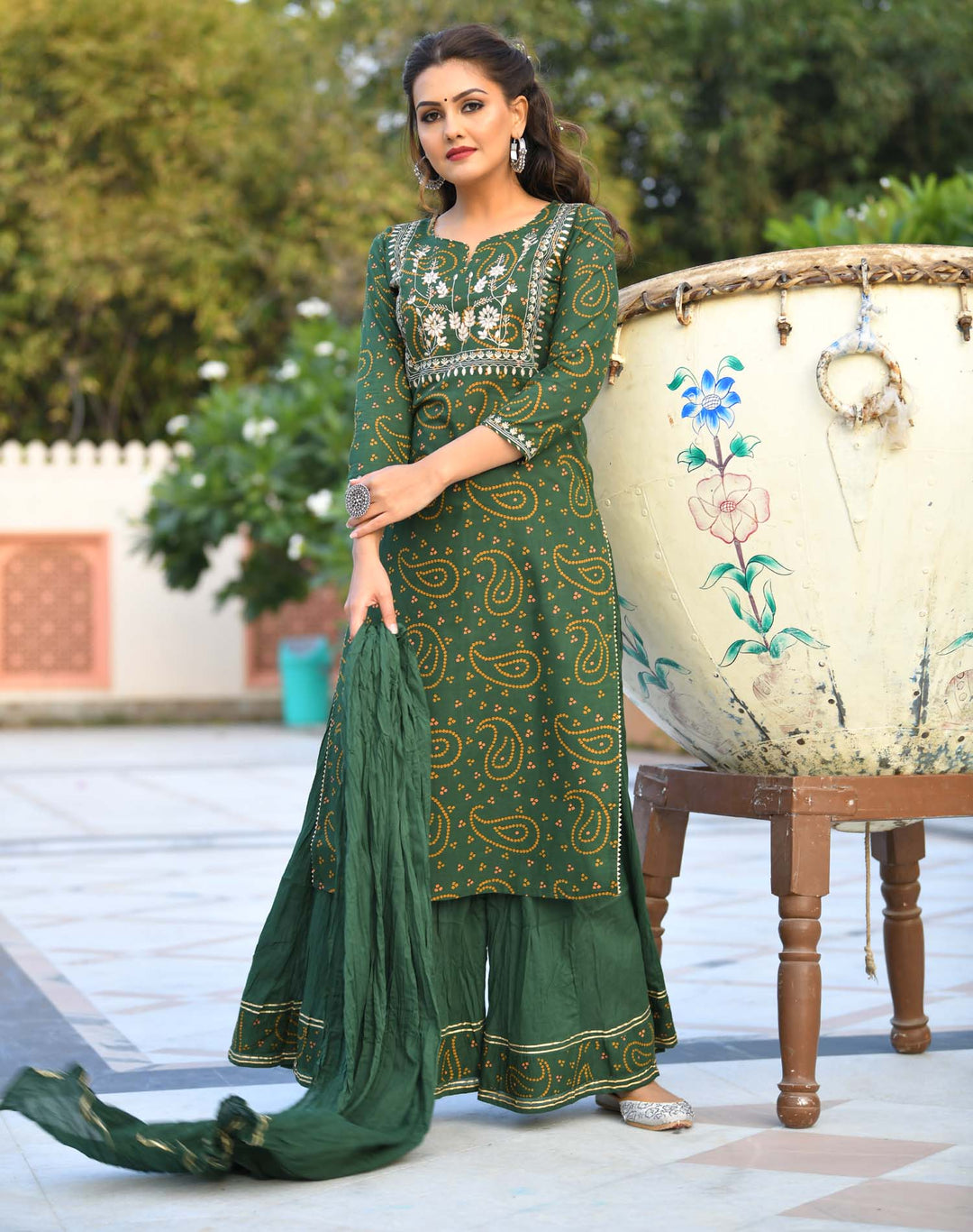 Green Bandhej Printed Cotton Kurta Sharara With Dupatta Set (pack of 3)