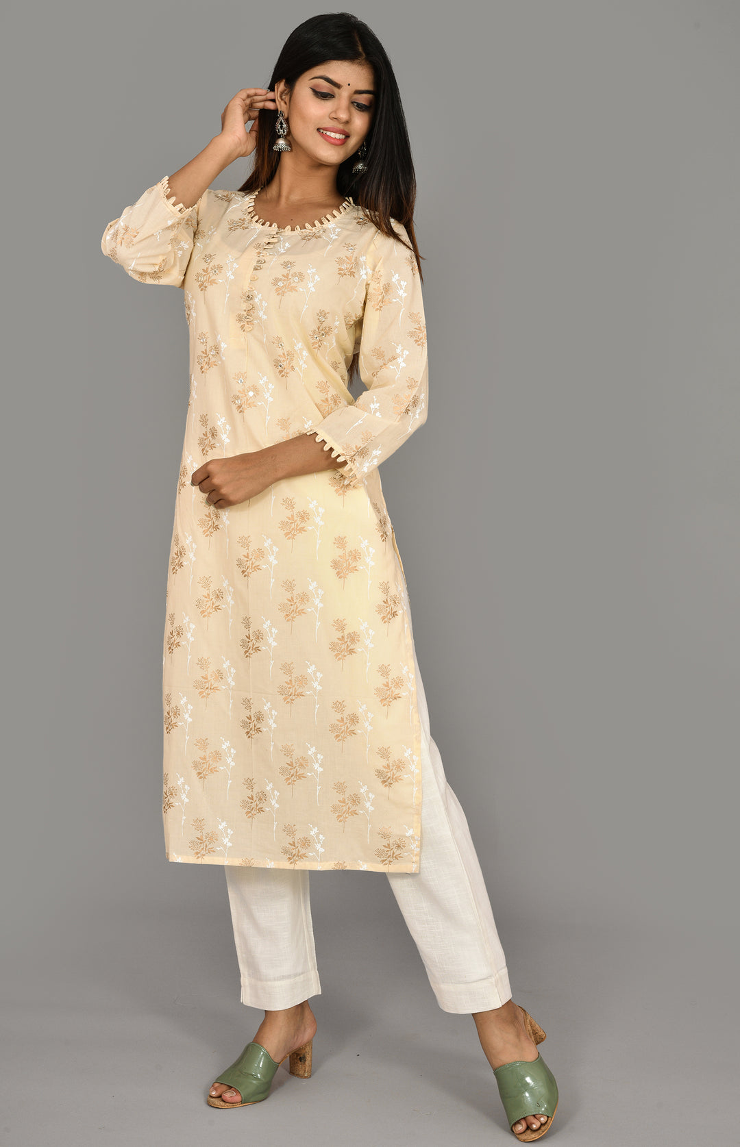 Buy Off White Cotton Long kurti for Women | Best Formal Full Sleeve Kurta