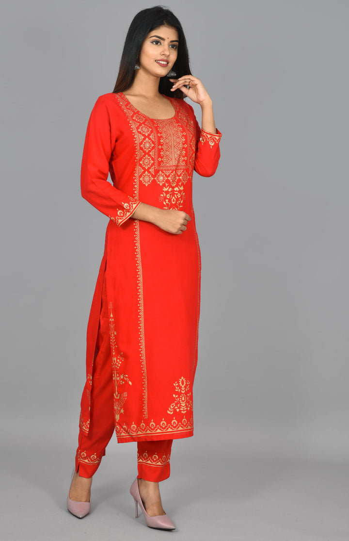 Buy Red Gold Kurta and Pant | Best Traditional Long Dress for Women | Kaajh
