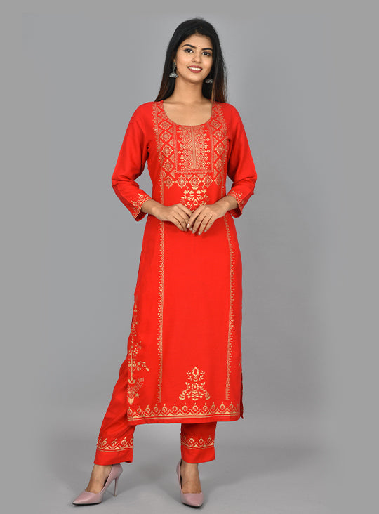 Buy Red Gold Kurta and Pant | Best Traditional Long Dress for Women | Kaajh
