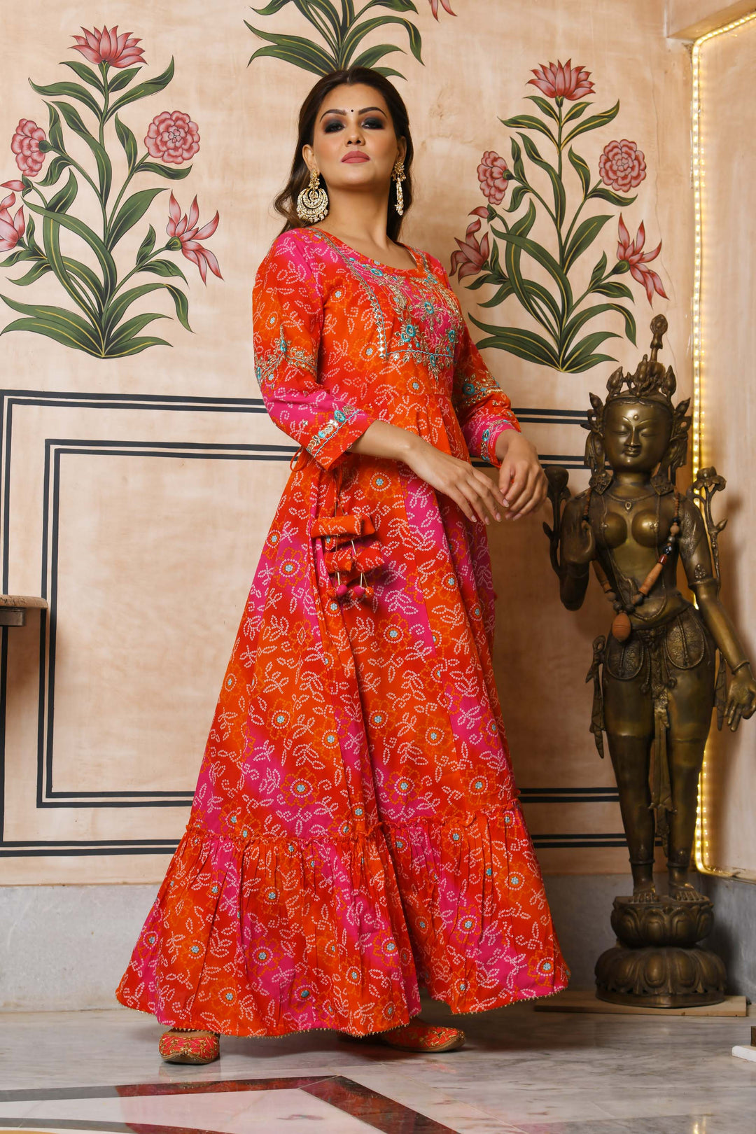 Buy Orange Bandhani Anarkali Dress | Best Party Wear Gown for Women Online in India  