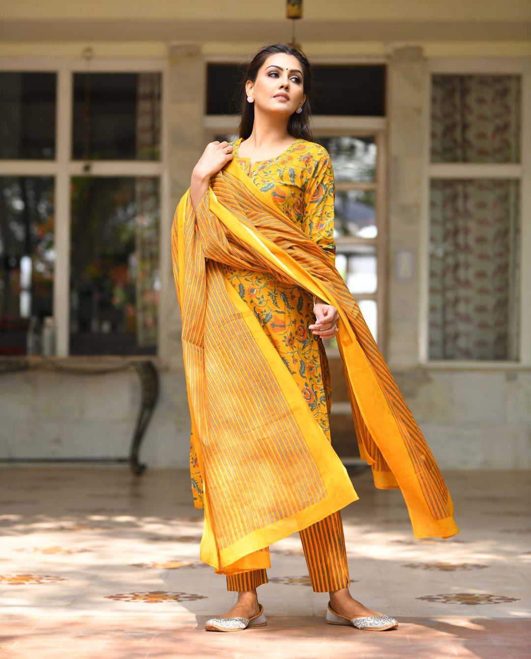 Yellow Floral Printed Cotton Suit Set
