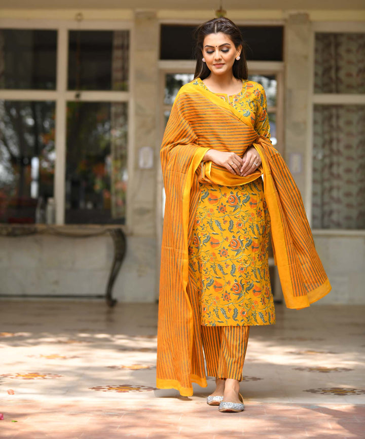 Yellow Floral Printed Cotton Suit Set