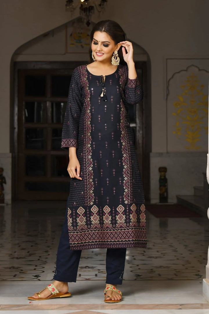 Buy Blue Gold Cotton Kurti and Pant Set | Best Ethnic Dress for Women