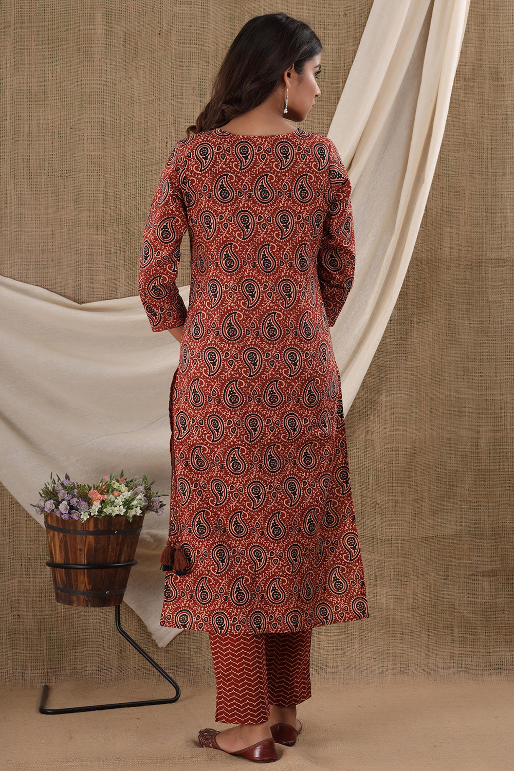 Buy Rust Paisley Print Cotton Suit Set | Kurta Pant & Dupatta Set