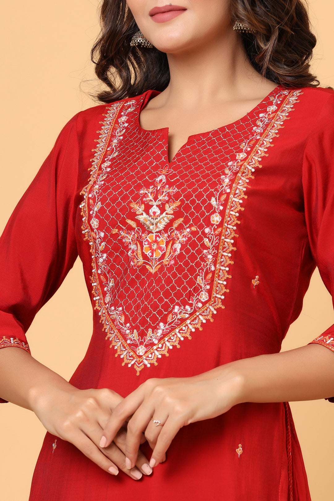 Red Embroidered Chanderi Ethnic Kurta