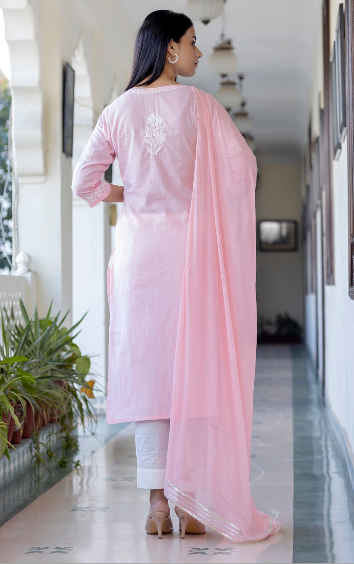 Buy Pink Cotton Chikankari Suit Set Online 