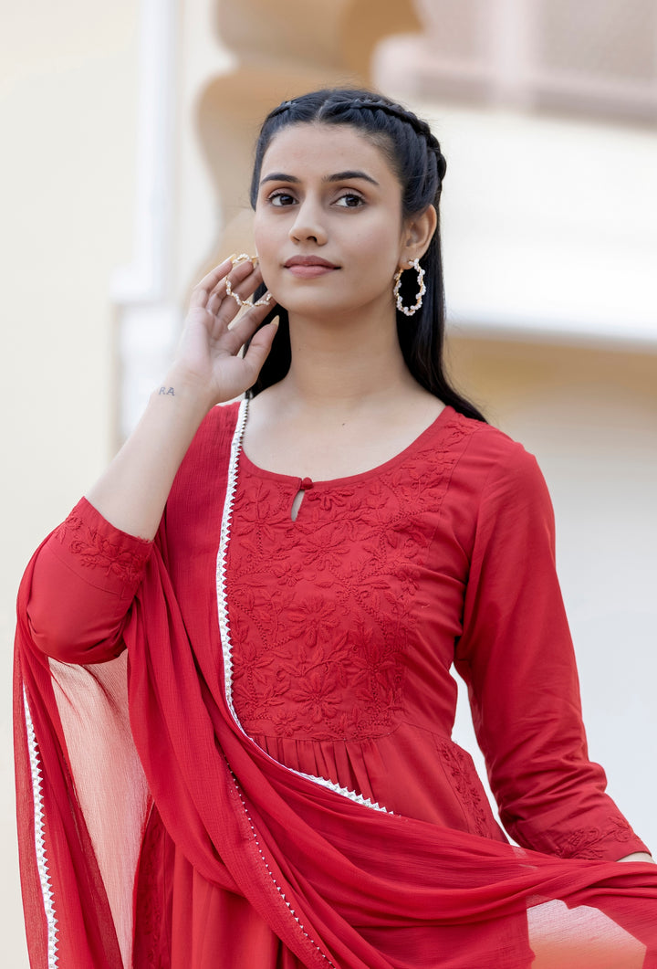 Buy Red Chikankari Suit Set For Women | Kaajh