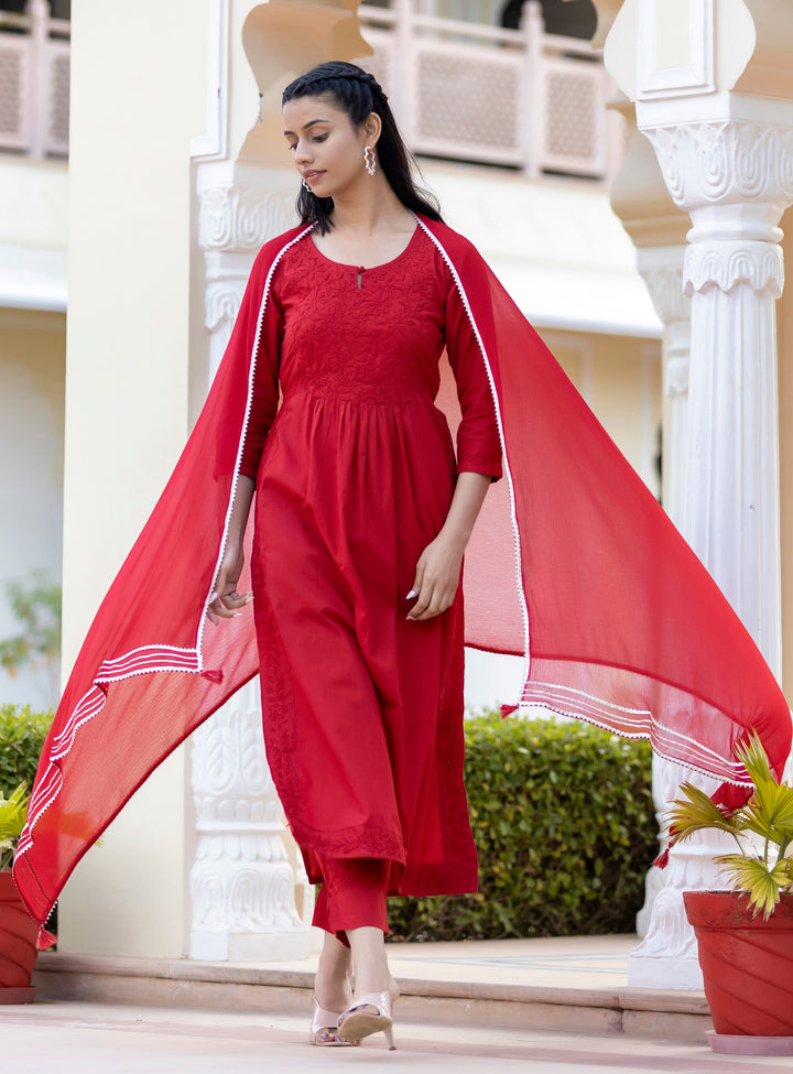 Embroidered red chikankari suit