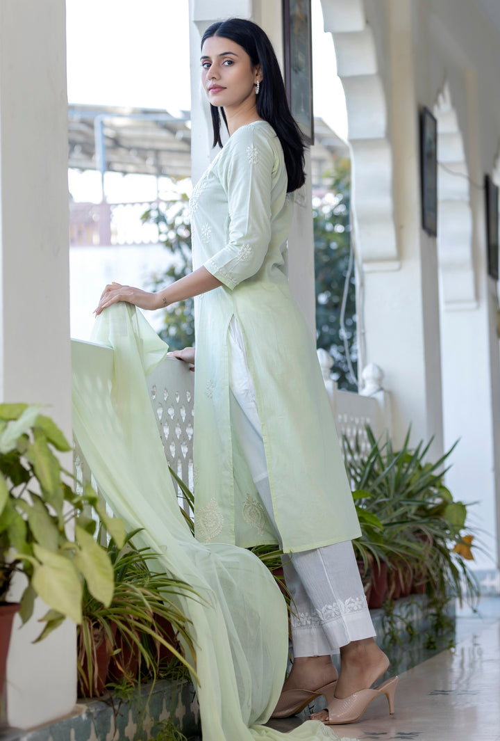 Light Green Cotton Lucknow Embroidery Chikankari Suit Set