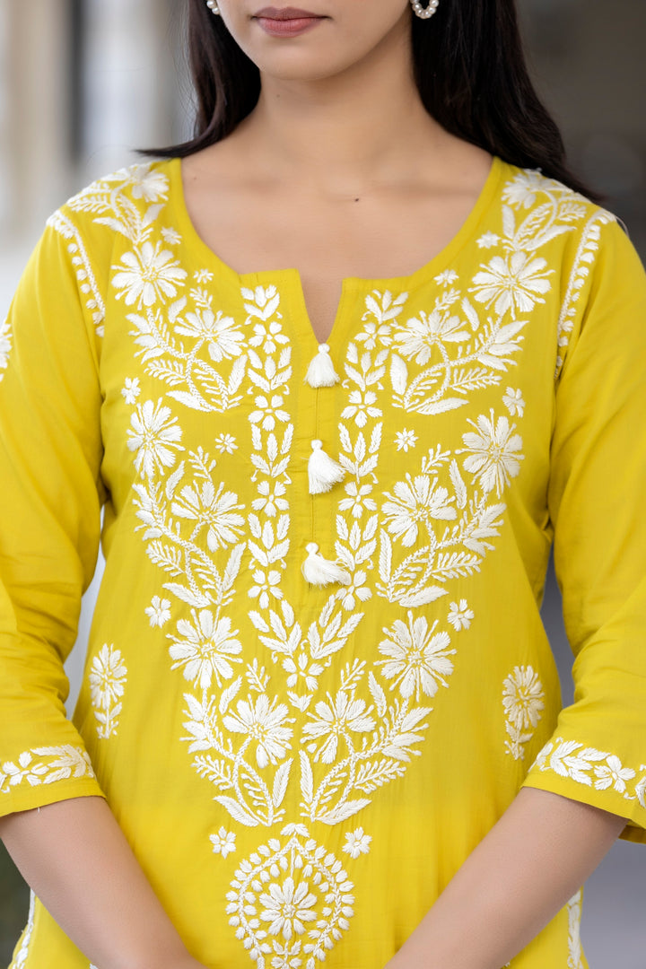 Yellow Hand Embroidered Chikankari Anarkali Kurta Pant With Dupatta Set
