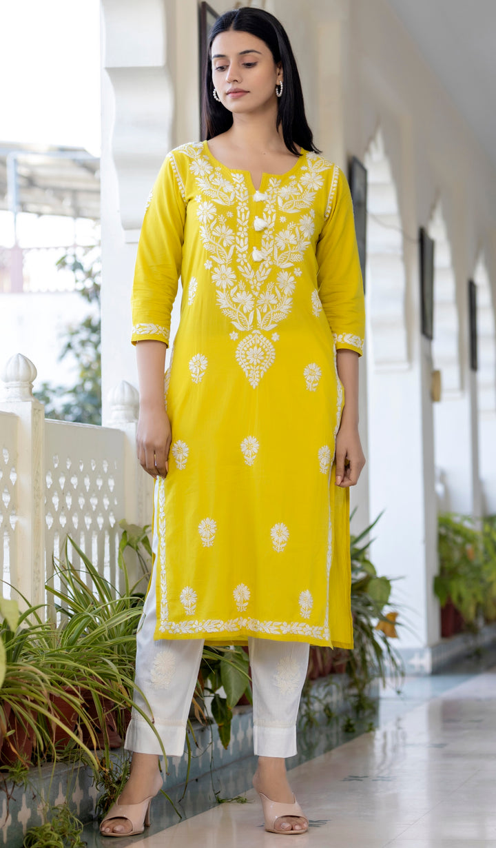 Yellow Hand Embroidered Chikankari Anarkali Kurta Pant With Dupatta Set