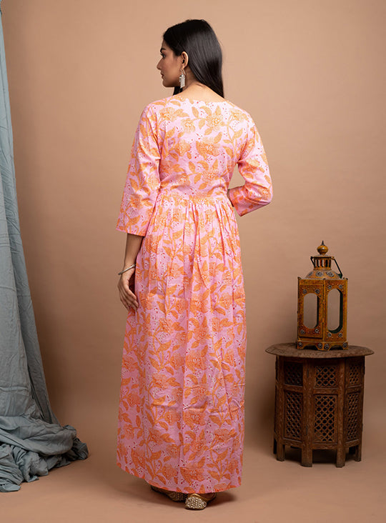 Buy Designer Pink Cotton Ethnic Gown | Best Ethnic Dress for Females Online