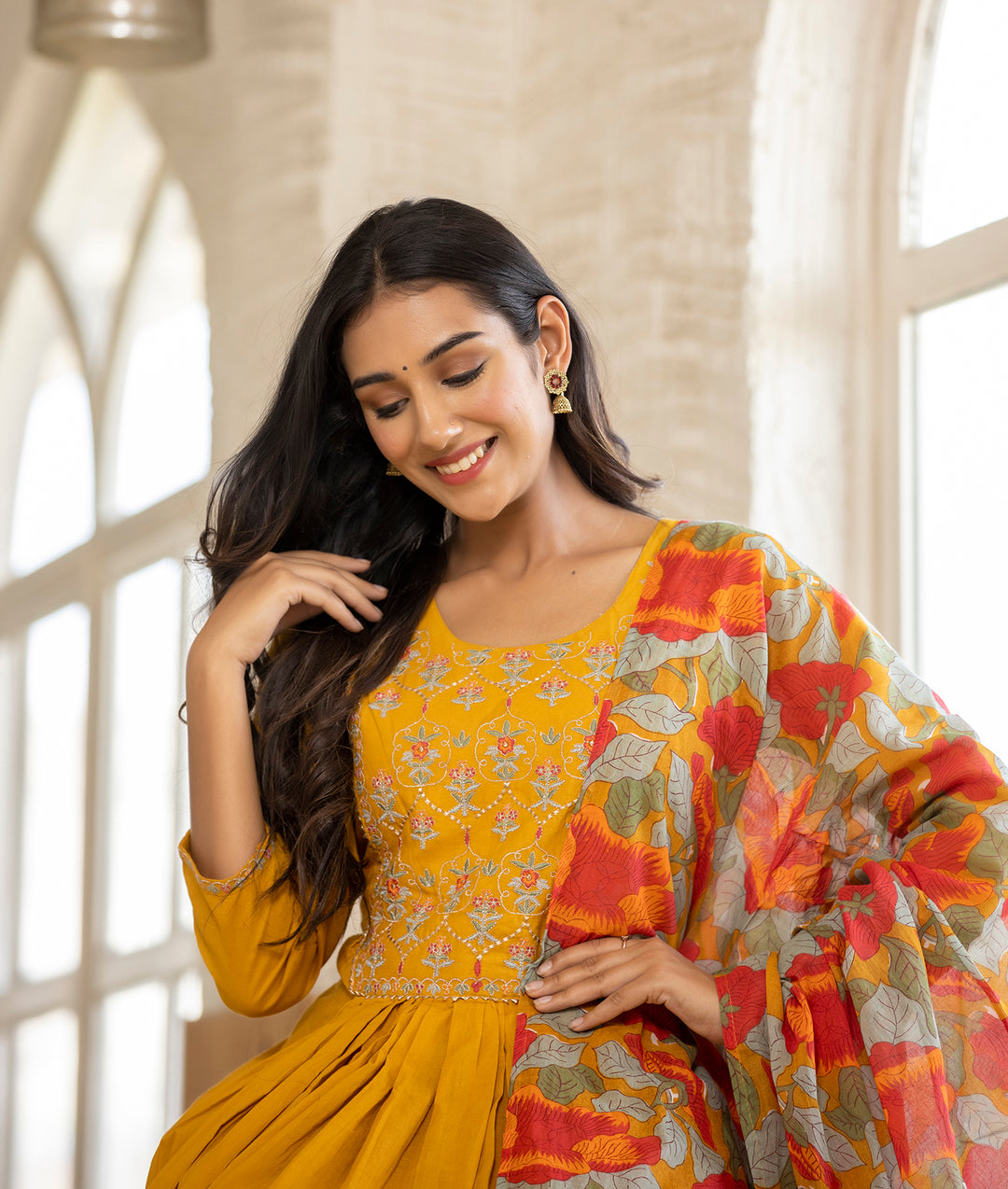 Yellow Floral Printed Embroidery Cotton Suit Set (pack of 3)