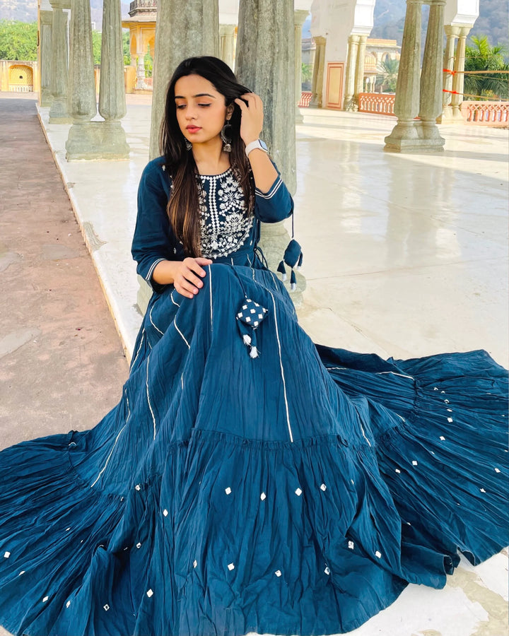 Blue Mirror Embroidered Ethnic Gown