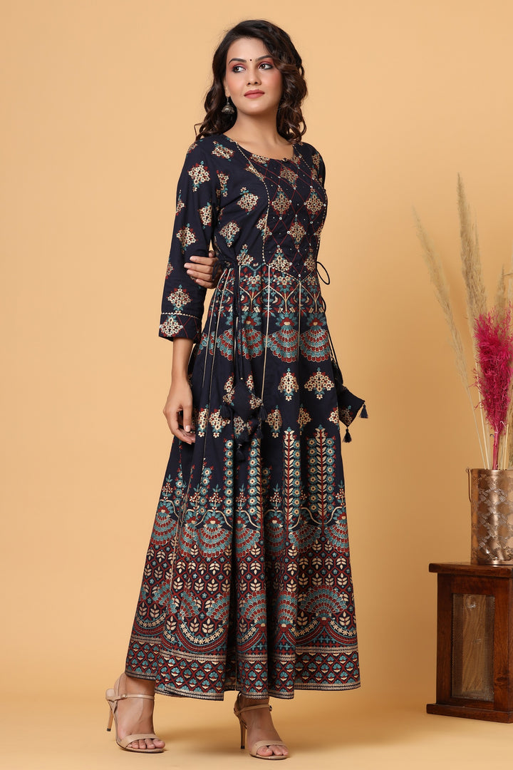 Blue Gold Printed Cotton Ethnic Gown