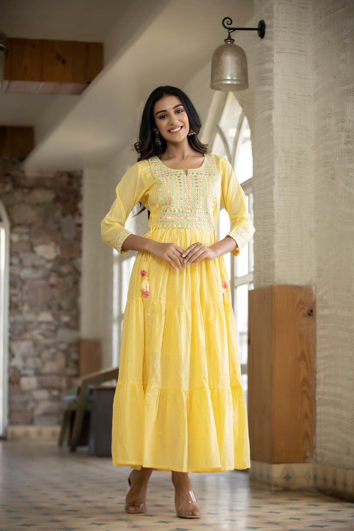 Yellow Mirror Embellishment Ethnic Gown (pack of 1)