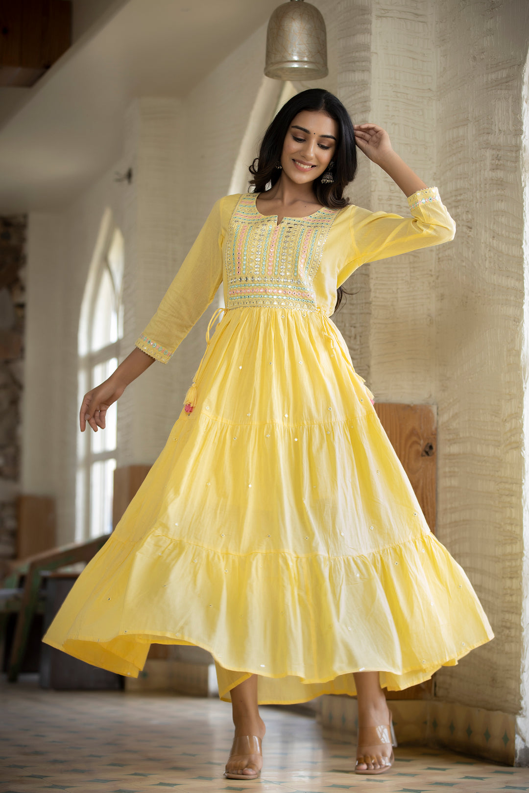 Yellow Mirror Embellishment Ethnic Gown (pack of 1)