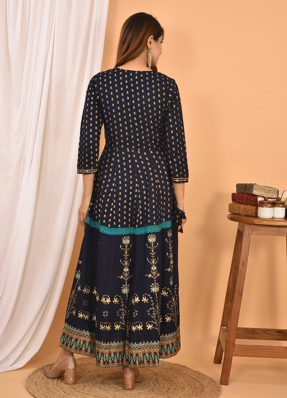 Blue Green Gold Printed Cotton Ethnic Gown (pack of 1)