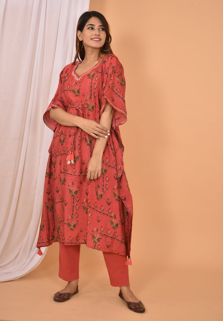 Red Mirror Embroidery Long Kaftan Pant Set (pack of 2)