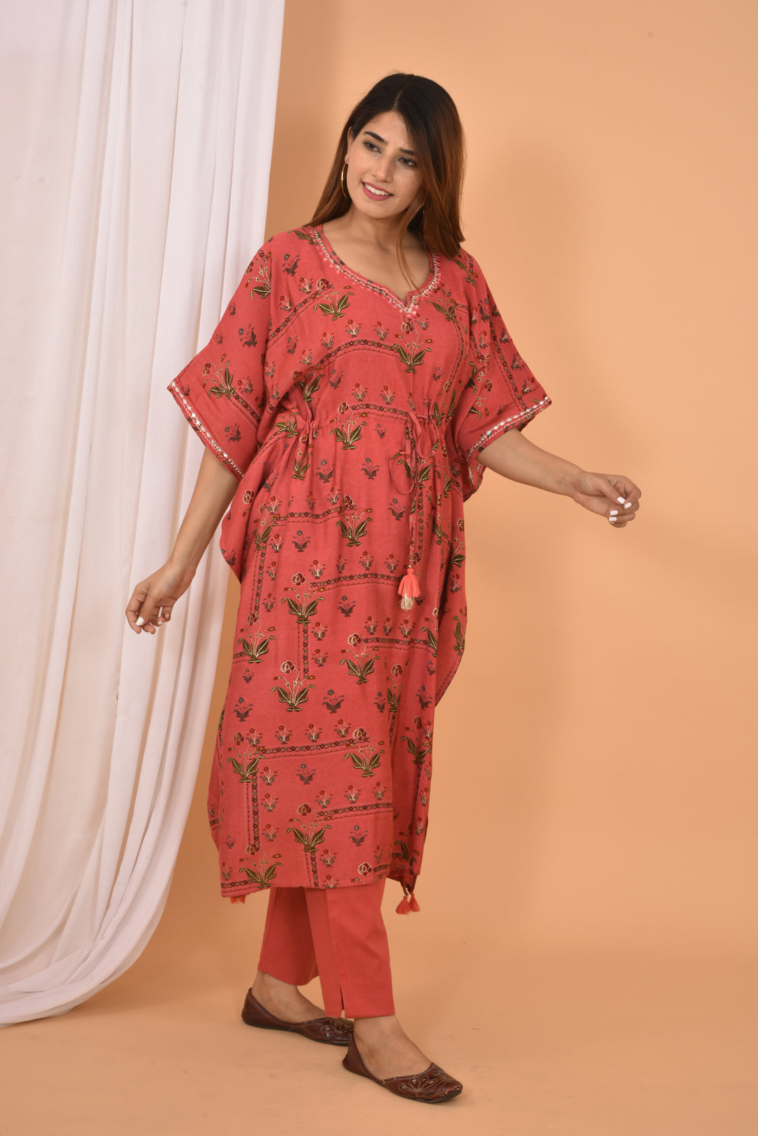 Red Mirror Embroidery Long Kaftan Pant Set (pack of 2)