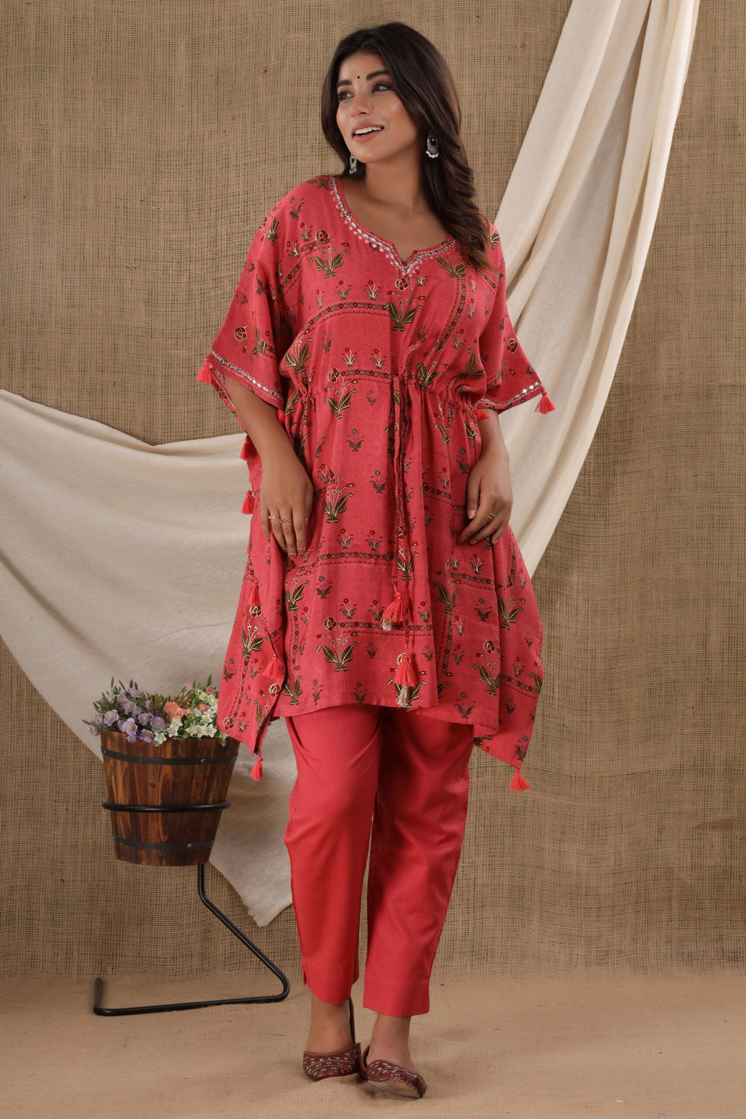 Red Mirror Embroidery Short Kaftan Pant Set (pack of 2)