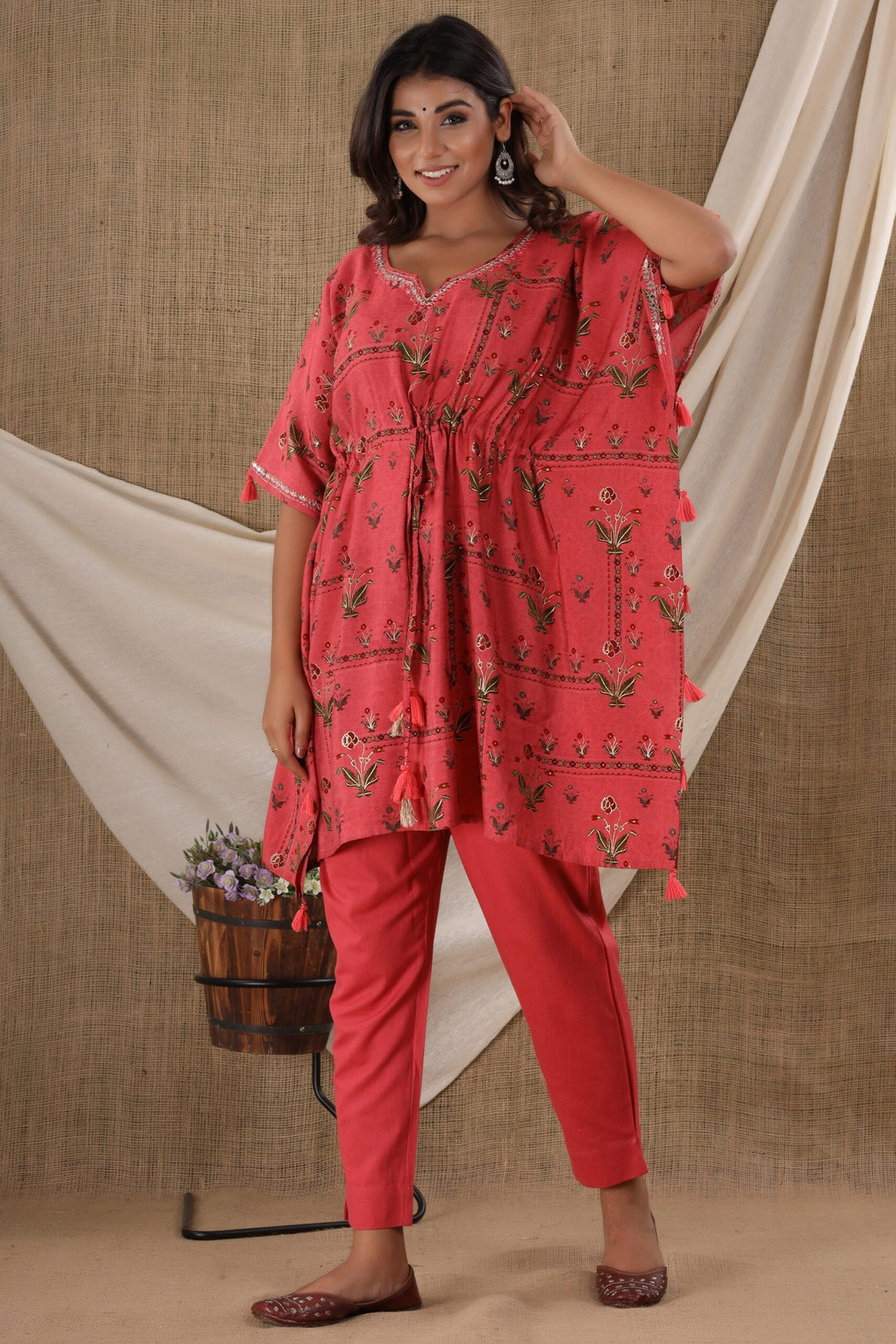 Red Mirror Embroidery Short Kaftan Pant Set (pack of 2)