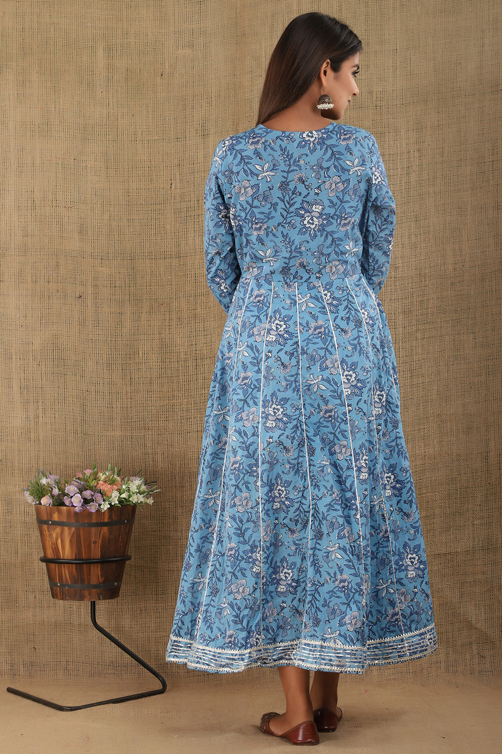 Blue Embroidered Cotton Ethnic Gown (pack of 1)