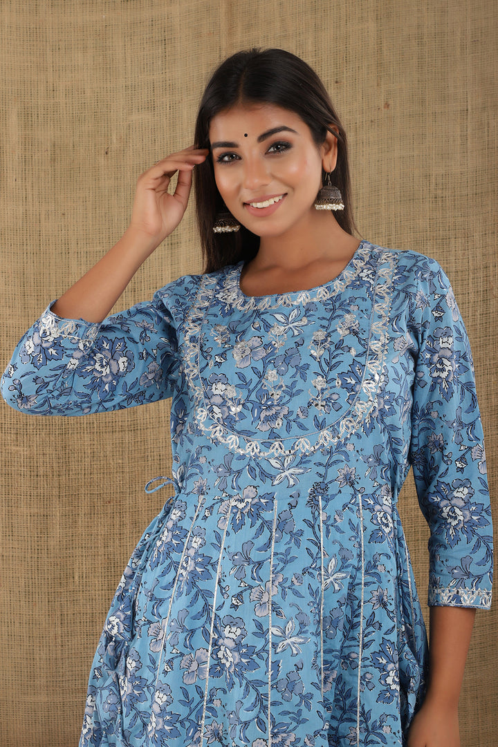 Blue Embroidered Cotton Ethnic Gown (pack of 1)