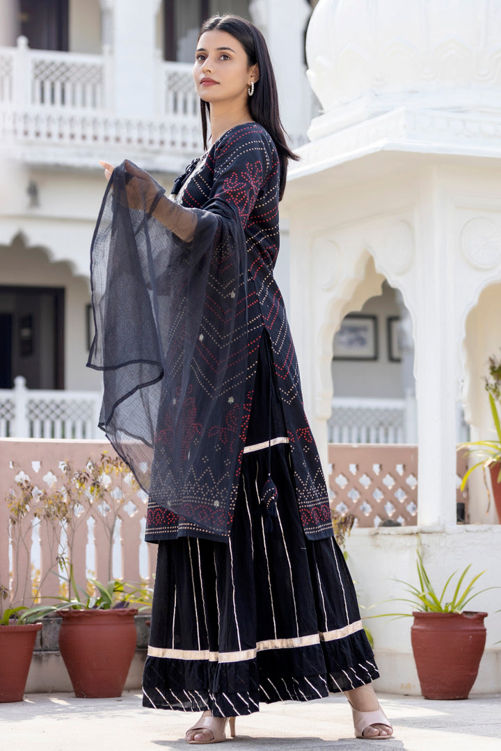 Black Embroidered Cotton Kurta Sharara Set With Dupatta