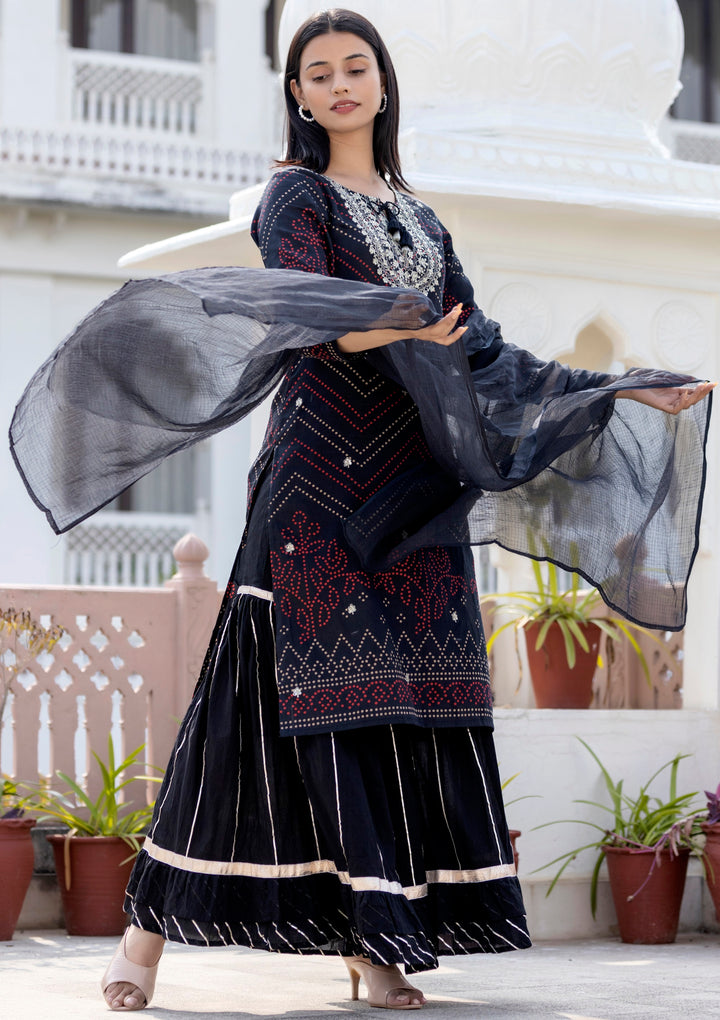 Black Embroidered Cotton Kurta Sharara Set With Dupatta