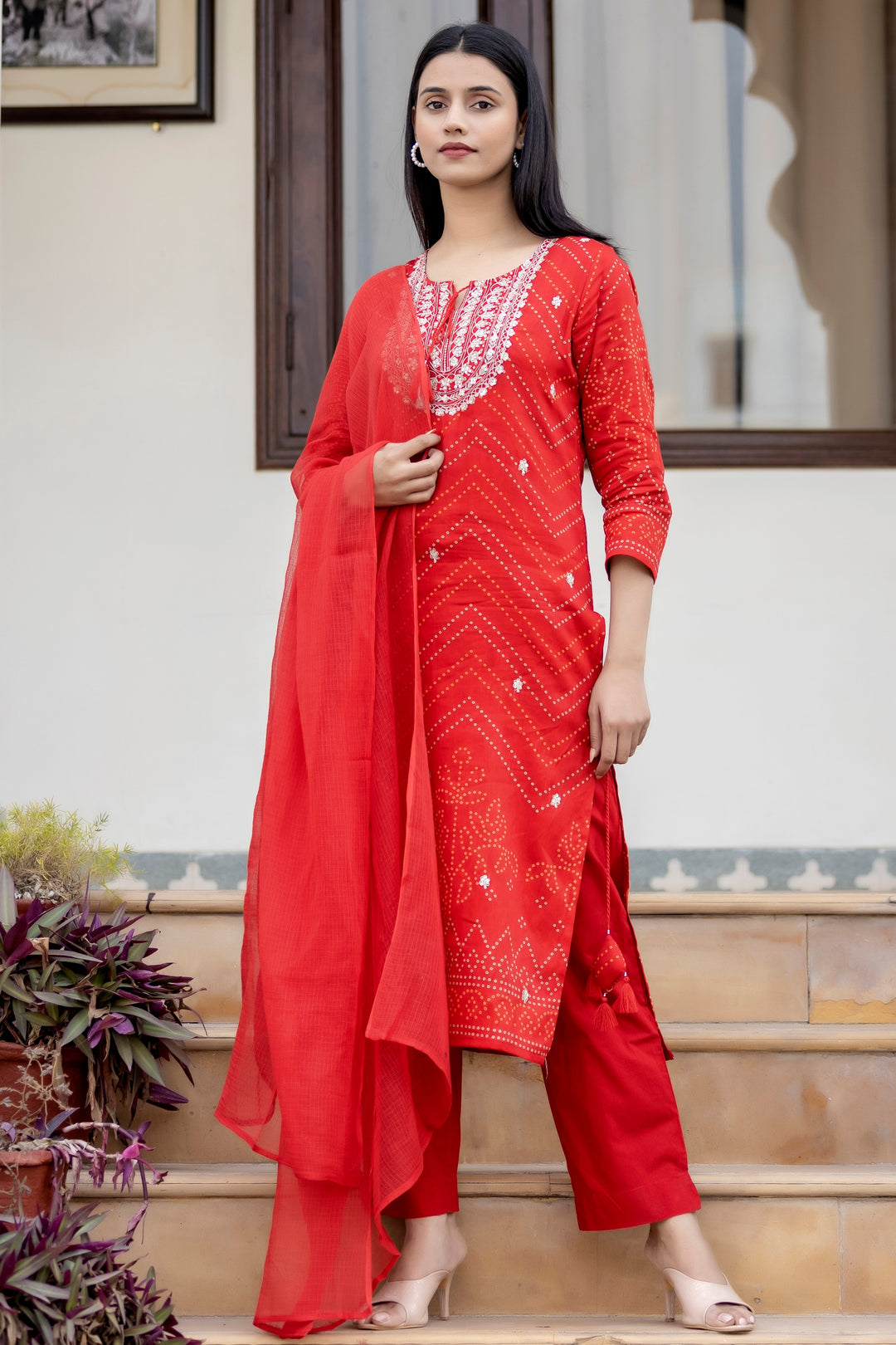 Red Embroidered Cotton Kurta Pant Set With Dupatta (packl of 3)
