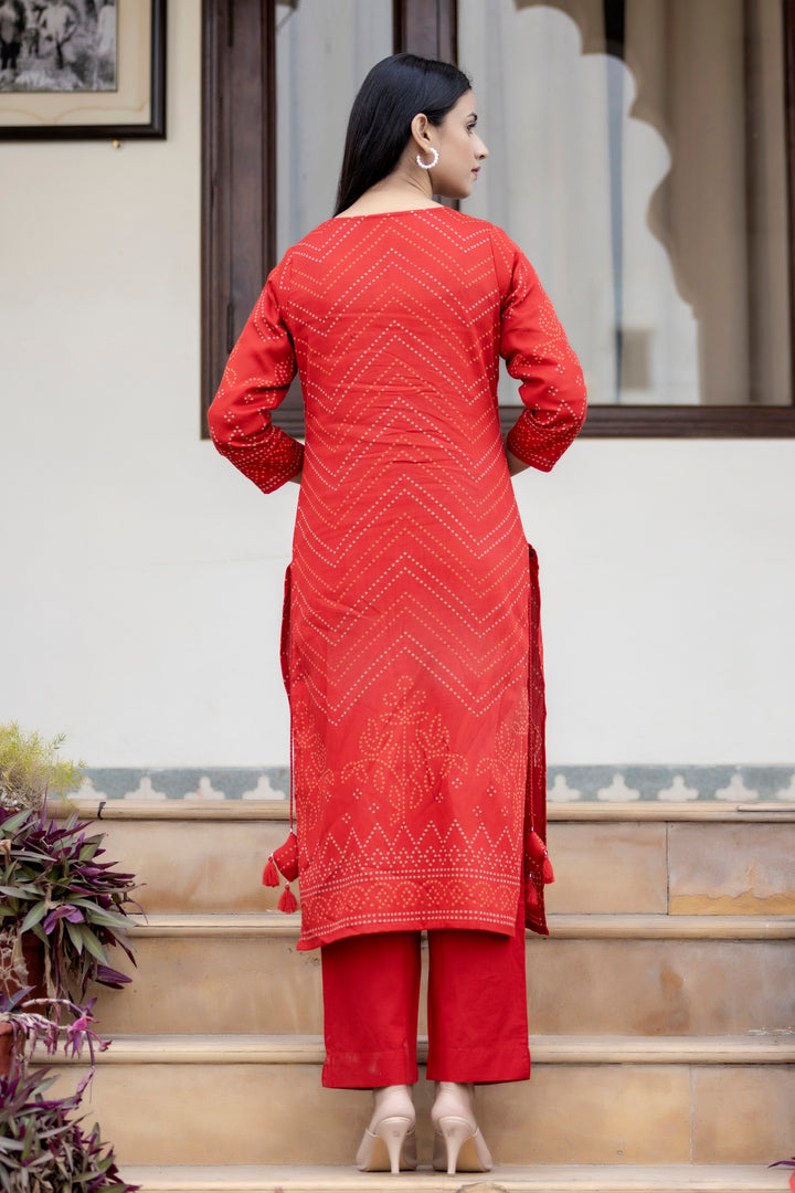 Red Embroidered Cotton Kurta Pant Set With Dupatta (packl of 3)